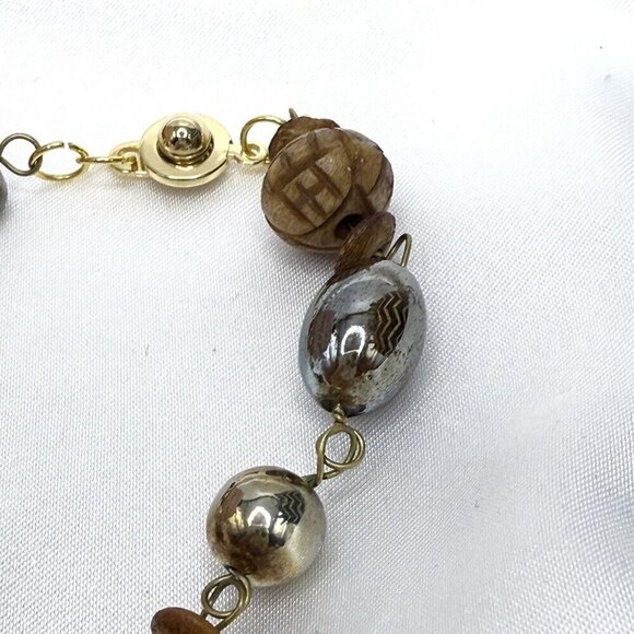 Reimagined Tan Iridescent Glass Wood Bead Bracelet - Picture 4 of 8